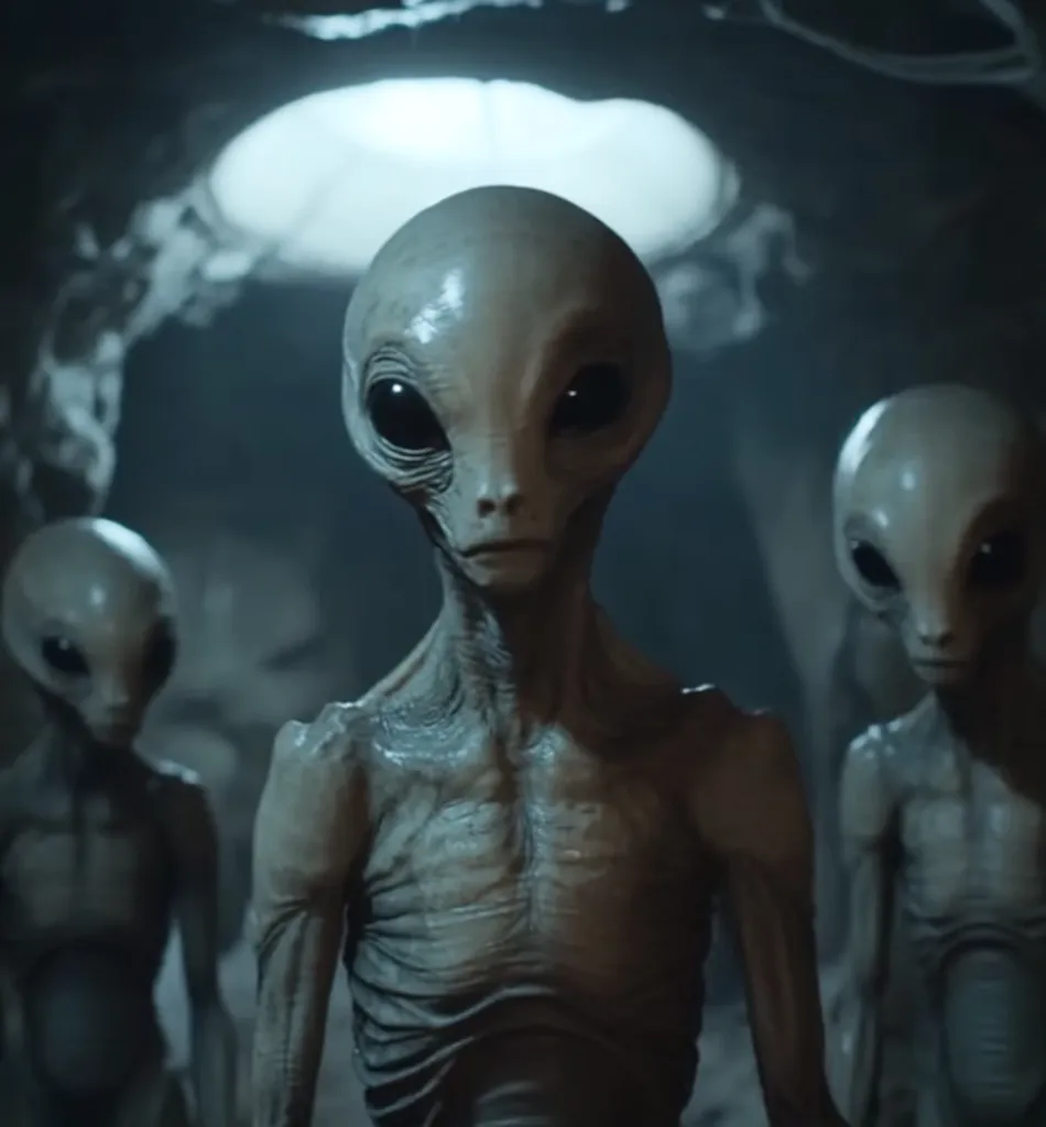The image shows three grey aliens standing in a dark, cavernous environment. The alien in the center is in focus, with large, black eyes and a thin, elongated head. The alien on the right is partially obscured by shadow, while the alien on the left is standing in the background. The lighting is dim, creating an eerie atmosphere. The image suggests a scene from a science fiction film or television show.