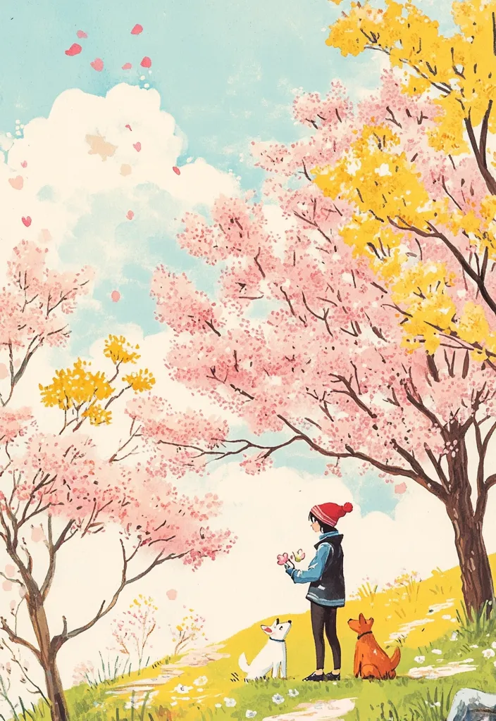A young girl wearing a red hat and blue jacket stands in a field with two dogs. She holds a pink blossom in her hand. Behind her are large trees in full bloom with pink and yellow flowers. The sky is a pale blue with white clouds. The scene is painted in a bright and cheerful style.