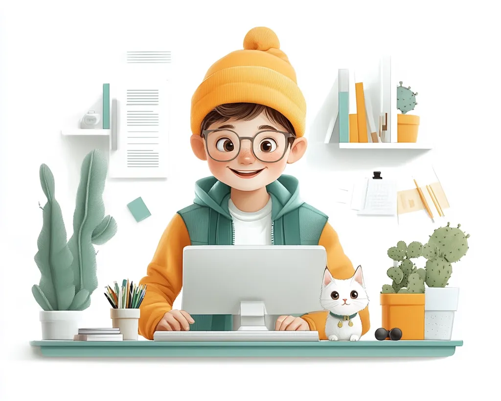 A young boy in a yellow beanie and glasses sits at a desk, smiling at the viewer. He is using a computer with a white cat sitting beside him. There are potted plants, pencils, and papers on the desk, suggesting a home office or study space. The image is drawn in a cartoon style with bright colors.