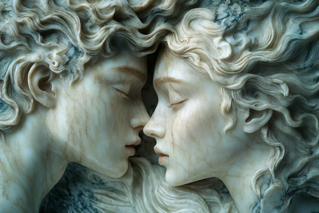 The image shows a close-up of two marble sculptures, a man and a woman. Their heads are tilted towards each other, their eyes closed, as if in a tender moment of intimacy. The intricate details of their hair and facial features are beautifully captured, highlighting the artistry of the sculptor. The marble's cool, white surface adds a sense of timeless elegance to the piece. The sculptures' serene expressions evoke feelings of love, devotion, and the enduring nature of human connection.