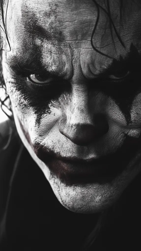 The image shows a close-up of a man's face, likely the Joker, with white makeup and a dark, almost menacing grin. His eyes are narrowed, and his face is marked with dark streaks and lines, suggesting a history of violence or madness. The image is in black and white, adding to the dramatic and eerie feel. The overall tone is unsettling and creates a sense of intrigue.