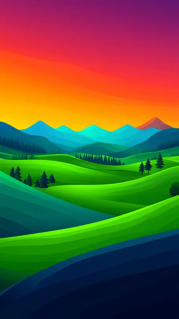 The image depicts a vibrant landscape with rolling green hills in the foreground. The hills are layered and textured, creating a sense of depth. In the background, a range of blue mountains stretches across the horizon, outlined against a dramatic sunset sky. The sky transitions from a deep purple at the top to a fiery orange and yellow at the bottom. A few scattered trees are visible on the hills, adding a touch of detail. The image captures a beautiful and serene scene, showcasing the beauty of nature.