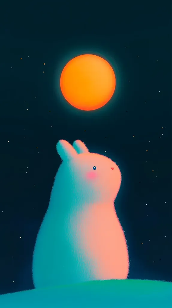 A fluffy, white rabbit with pink cheeks stares up at a large, orange moon in a dark night sky.  There are a few white stars scattered across the sky.  The rabbit is sitting on a green hill, and the whole image has a soft, dreamy quality.
