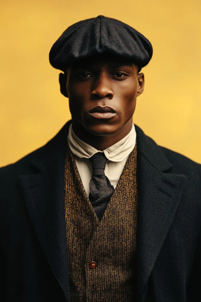 A man with dark skin is wearing a black coat, a brown patterned vest, a white shirt, a dark tie, and a black cap. He is looking directly at the camera with a serious expression. The background is a solid yellow color. The image has a vintage feel.