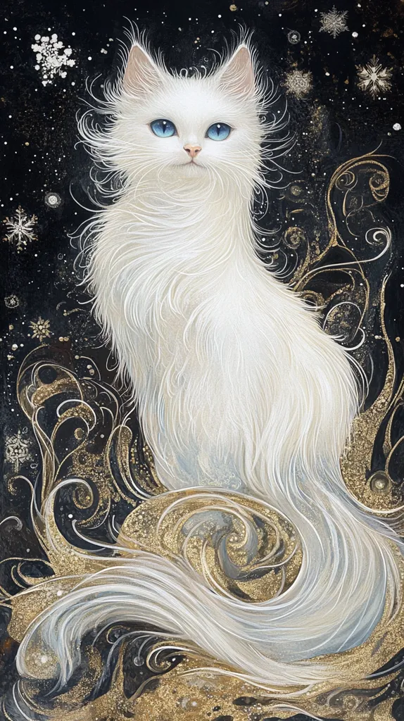 A white cat with bright blue eyes sits in a swirling vortex of gold and black. The cat's fur is long and fluffy, its tail trailing behind it in a cloud of white. The background is a dark, starry night, adding a sense of mystery and magic. The image evokes a sense of wonder and beauty, emphasizing the cat's ethereal nature.