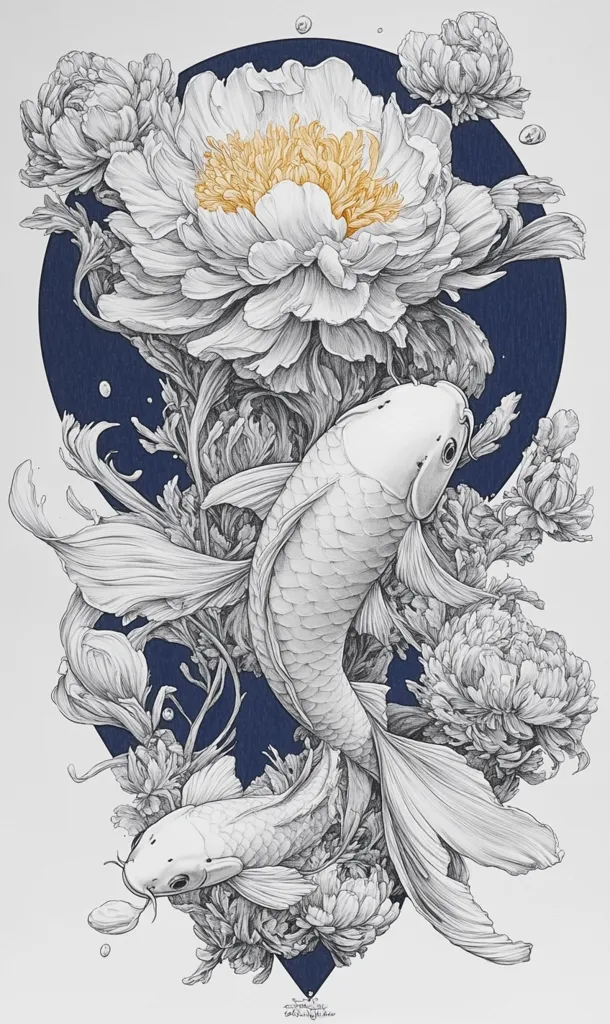 A detailed black and white drawing of two koi fish swimming in a cluster of white peonies and chrysanthemums. The flowers and fish are intricately drawn with shading and highlights, creating a sense of depth and realism. The background is a dark blue circle that highlights the detail of the drawing. The overall image is calming and serene.