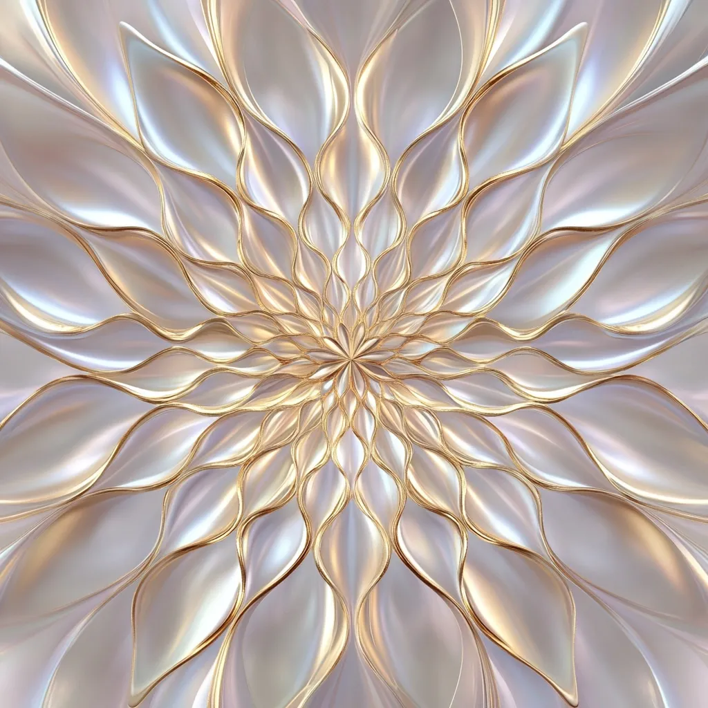 The image is a close-up of a 3D abstract pattern. The pattern resembles a flower with layers of petals, with a golden outline, and a pearlescent shimmer. The image has a soft, elegant, and luxurious feel. The image is likely created using computer graphics and is intended to be decorative or artistic.