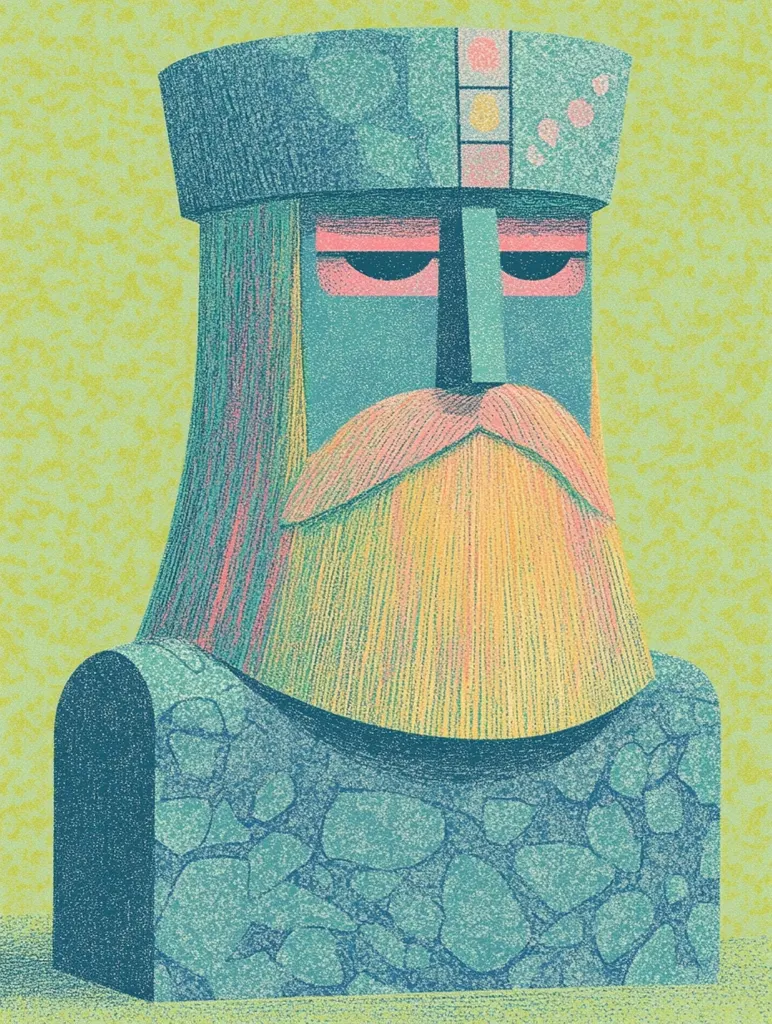 A stylized illustration of a man's head and shoulders. The man is wearing a blue hat with a geometric pattern and has a long, yellow beard. The background is a light green color. The illustration has a pixelated, textured look. The man's face is serious and has a long nose and small eyes.