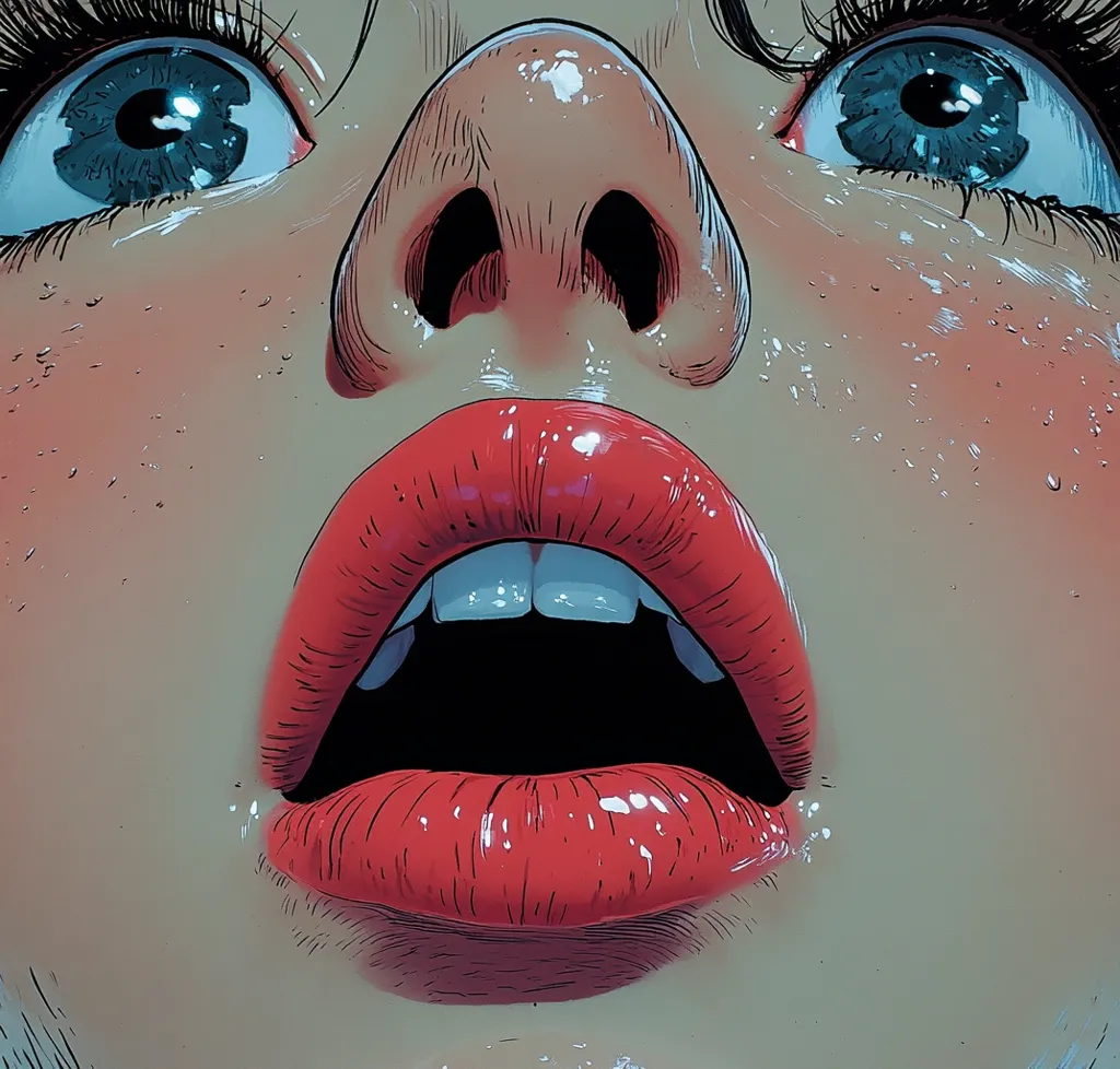 The image is a close-up of a woman's face, drawn in a cartoonish style. She has large, wide-open eyes with blue irises and long eyelashes. Her nose is prominent and her lips are painted a bright red. Her mouth is open in a gasp of surprise, revealing white teeth. The image is rendered in a glossy style, giving the skin a wet, shiny appearance. The background is a soft, cool blue.