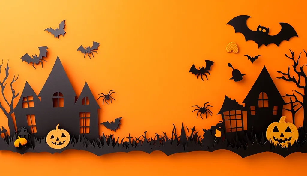 The image is a Halloween-themed paper craft scene with a bright orange background. Black paper cutouts of bats, spiders, haunted houses, and jack-o'-lanterns create a spooky silhouette. The scene is full of details, with various sizes of bats, intricate spider webs, and two haunted houses. The overall design is whimsical and creates a fun and festive atmosphere.