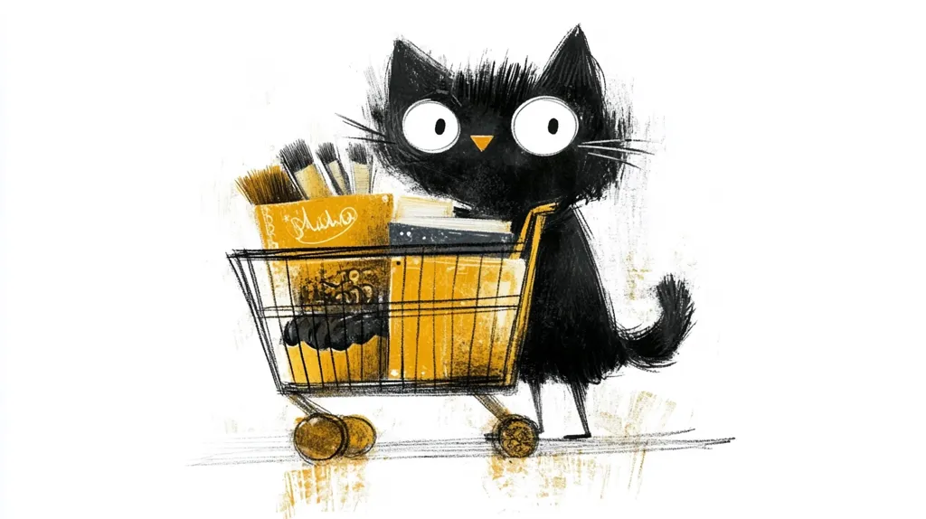 A black cat with large, round eyes pushes a shopping cart filled with books and paintbrushes. The cart is a bright yellow color and has black wheels. The cat is drawn in a cartoon style, with exaggerated features. The background is white, giving the cat and cart the feeling of being isolated. The image is simple but whimsical, capturing a moment of everyday life.