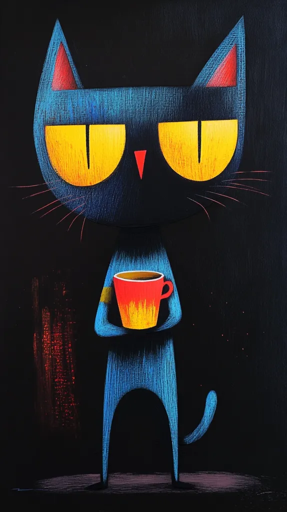 The image is a cartoon illustration of a cat holding a cup of coffee. The cat has a black body with a blue outline, large yellow eyes, and red ears. The coffee cup is red with a yellow interior and a black handle. The background is black with some red and yellow brushstrokes. The cat appears to be looking off to the side.  The image is playful and whimsical, with a simple style.