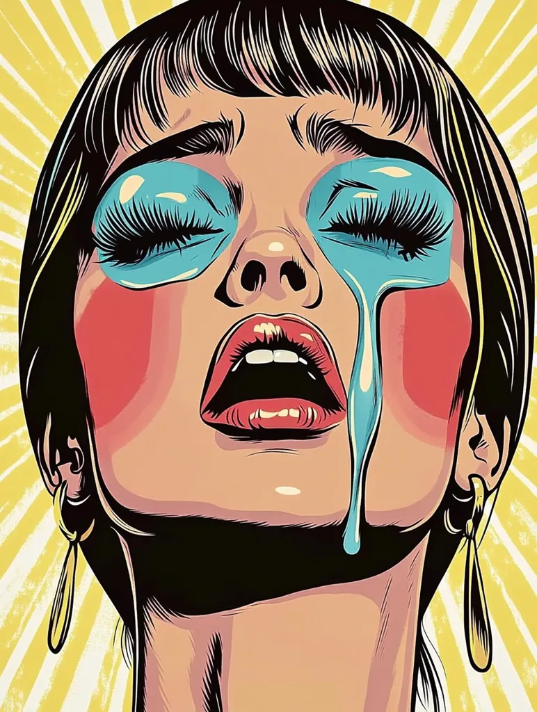 The image is a close-up of a woman's face in a comic book style. Her eyes are closed, and a blue liquid is dripping down her face from her eye. She has heavy eye makeup and bright red lips. The background is a yellow and white radial pattern. The overall feeling of the image is one of sadness and longing.
