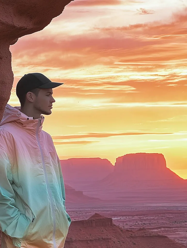 A young man in a green and pink jacket and black cap stands against a rock formation, looking out at a vast desert landscape. The setting sun casts a warm, orange glow on the clouds and the distant mountains, creating a stunning backdrop for the scene. The man's silhouette is outlined against the vibrant sunset, creating a sense of tranquility and solitude.