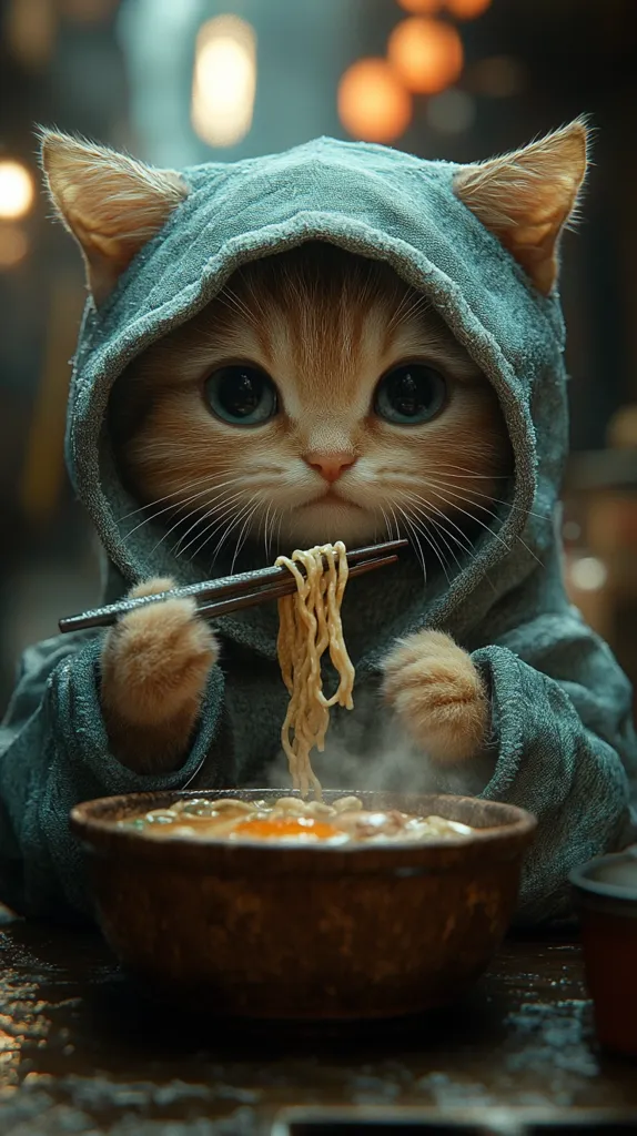 A cat wearing a blue hooded sweatshirt is sitting at a table, holding chopsticks with a bowl of steaming noodles in front of it. The cat has big, round, blue eyes and looks intently at the noodles. The scene is set in a dimly lit room with a warm, inviting atmosphere. The cat seems to be enjoying its meal.