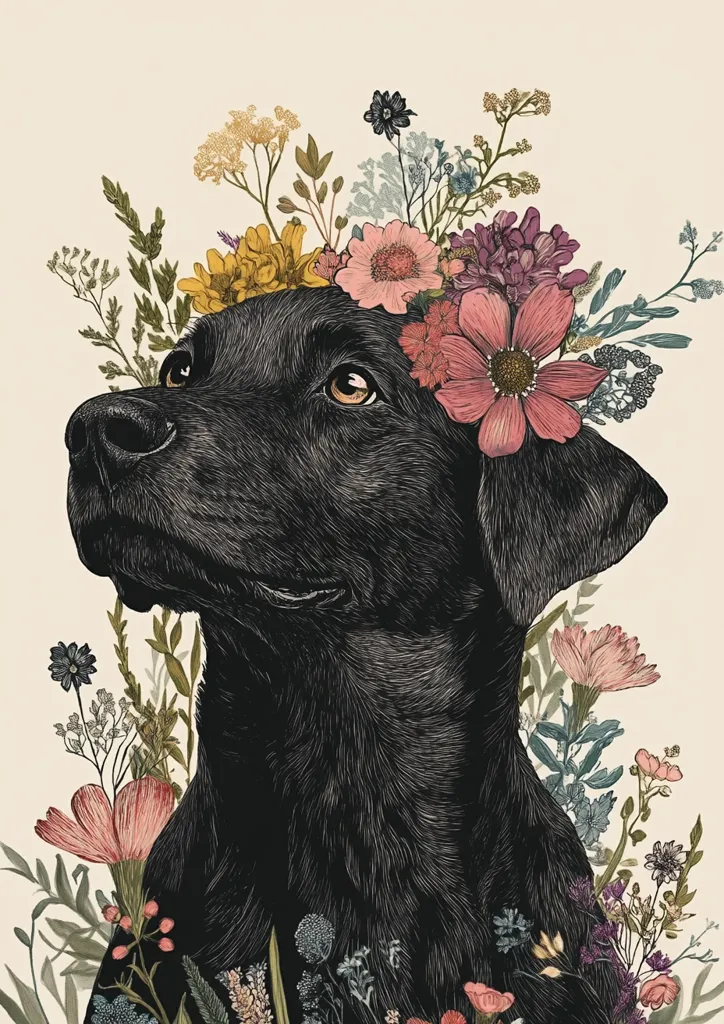 The image depicts a black dog with a crown of flowers on its head. The dog's fur is detailed with fine lines, and the flowers are drawn in a colorful, stylized manner. The dog has a thoughtful expression, looking up and slightly to the side. The background is a simple beige color, allowing the dog and flowers to stand out. The image has a whimsical and charming feel, suggesting the connection between humans and animals, and the beauty of nature.