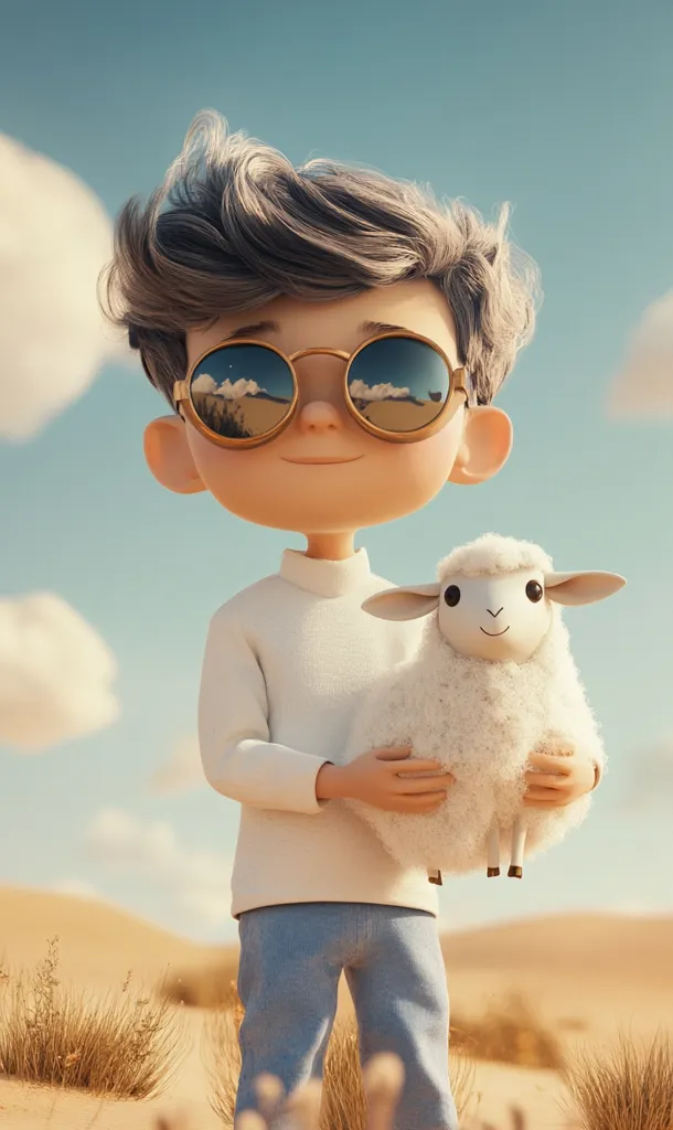 A cartoon boy with gray hair and sunglasses holds a fluffy white lamb in his arms. He is wearing a white sweater and blue jeans. The background is a desert landscape with sand dunes and wispy clouds in a blue sky. The boy's reflection is visible in his sunglasses.