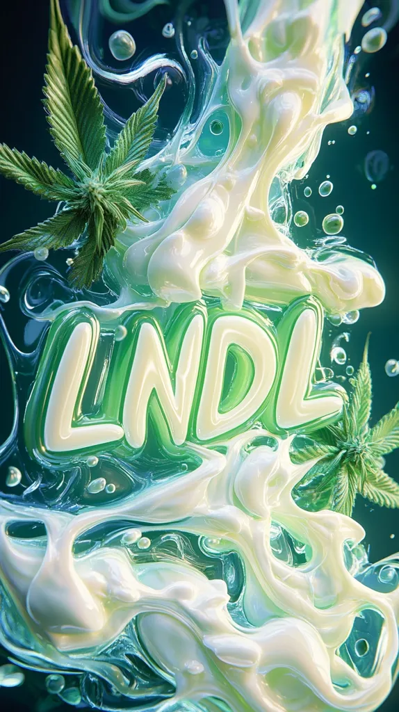 The image features a swirling, abstract design.  The main elements are a white, viscous liquid that resembles milk or cream, and a green, leafy plant that looks like marijuana.  The liquid forms a swirling pattern with bubble-like textures. The leaves of the plant are partially submerged in the liquid and spread out around the central white area. The letters "LNDL" are prominently displayed in a white, translucent font, overlaid on the green background of the liquid. The image has a vibrant, almost psychedelic aesthetic.