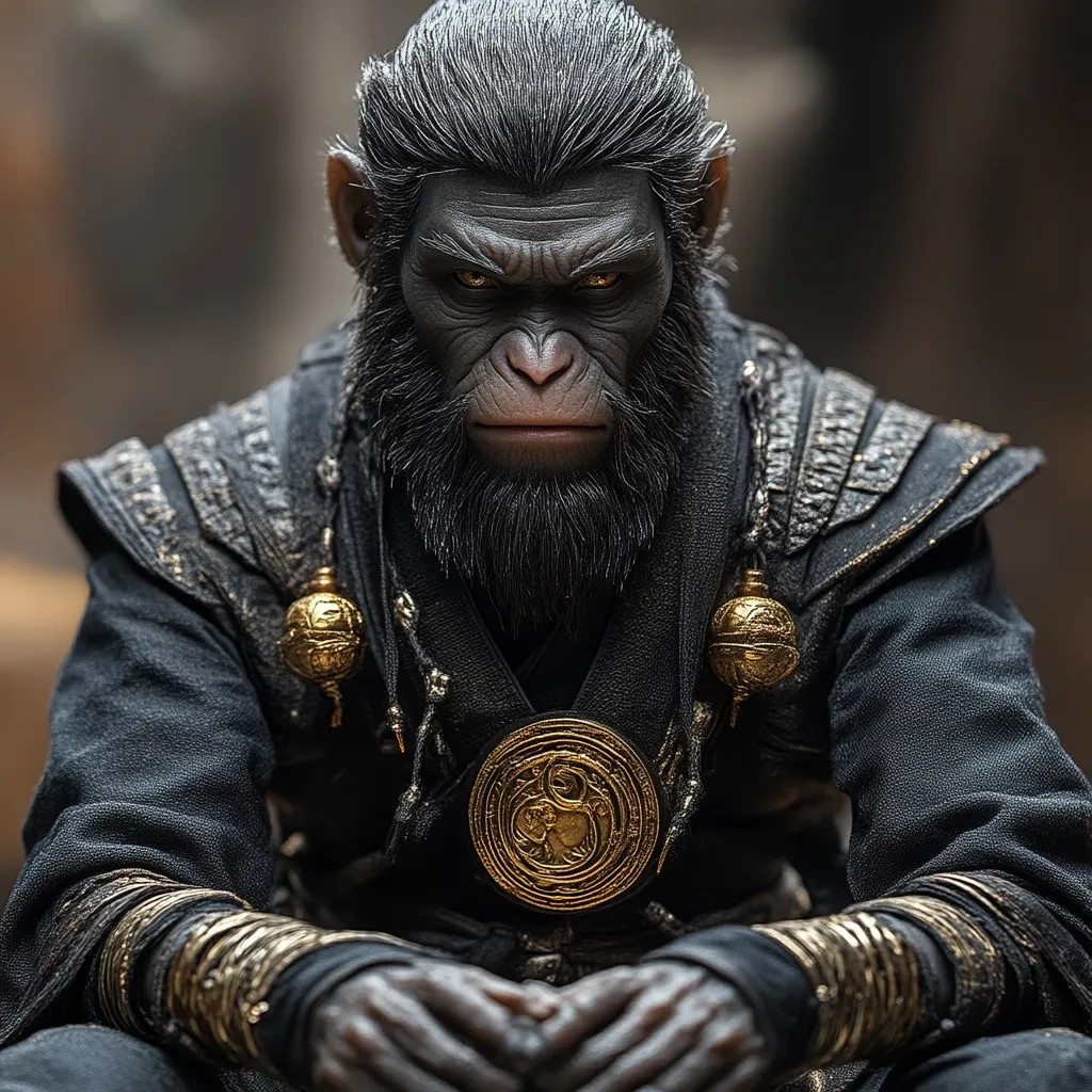 A close-up portrait of a  simian dressed in a black robe adorned with gold embellishments.  His dark eyes fix intently on the viewer, his expression a mix of seriousness and authority. The golden accents on his attire, including a large circular pendant,  add a sense of power and mystery. The image's composition and lighting emphasize the subject's gaze, making it a captivating study of a powerful creature.