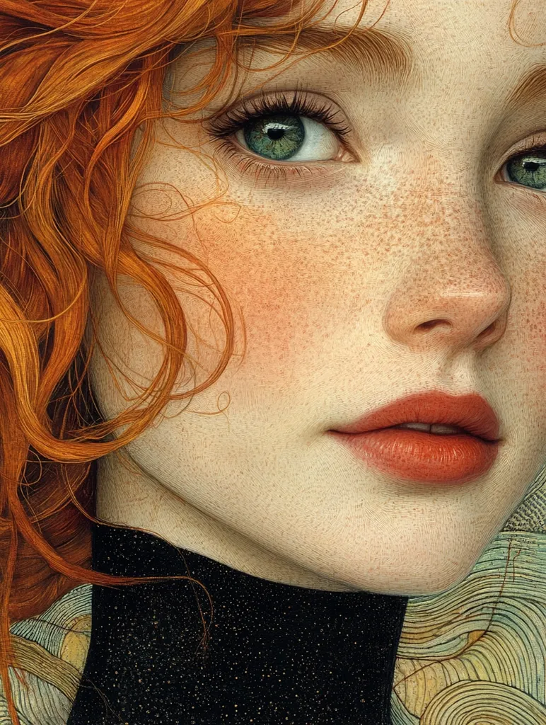 The image is a close-up portrait of a woman with bright red hair. Her eyes are green and her lips are full and red. The woman's skin is fair and has freckles. She is wearing a black turtleneck sweater. The background is a blurred abstract design. The portrait is highly detailed and realistic.