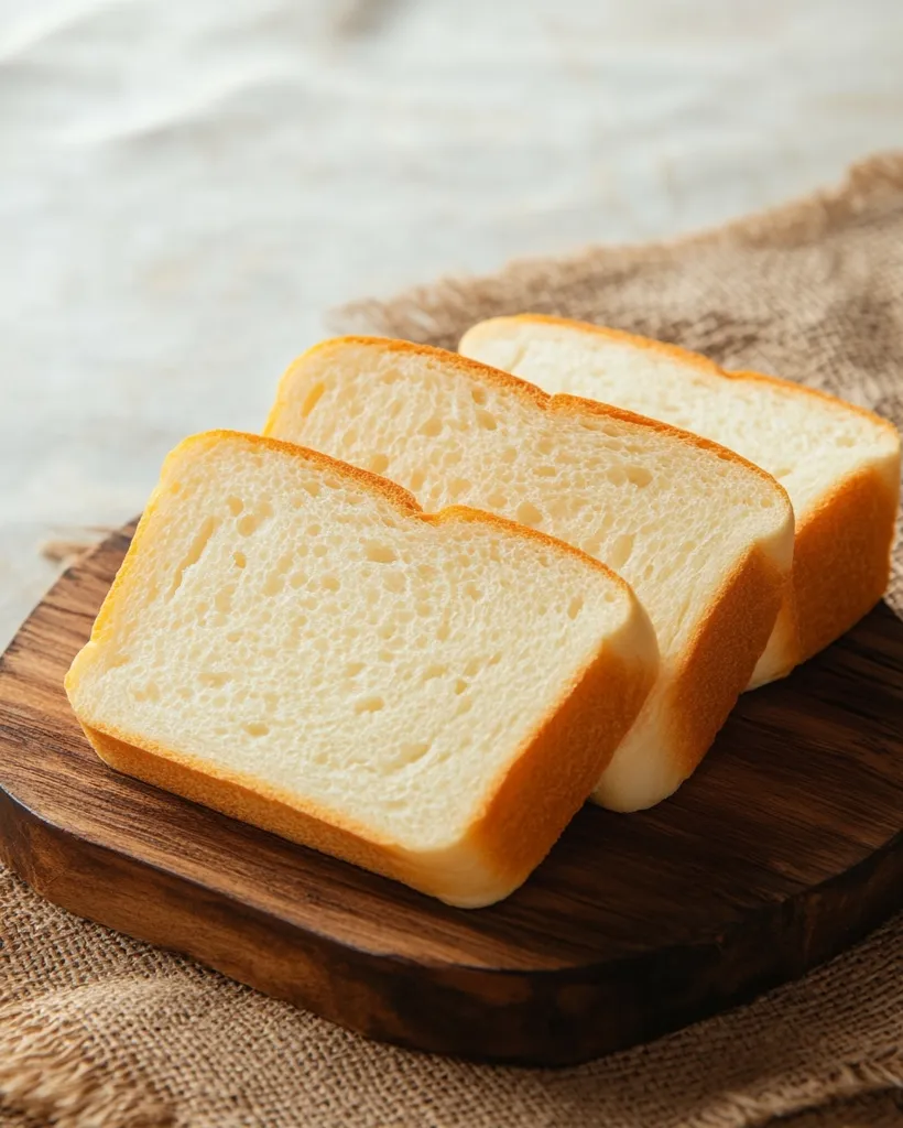 Three slices of white bread, stacked on a wooden cutting board, rest on a burlap tablecloth. The bread is soft and airy, with a golden crust. The light background highlights the bread's delicate texture. The image evokes a sense of simplicity and homeliness.