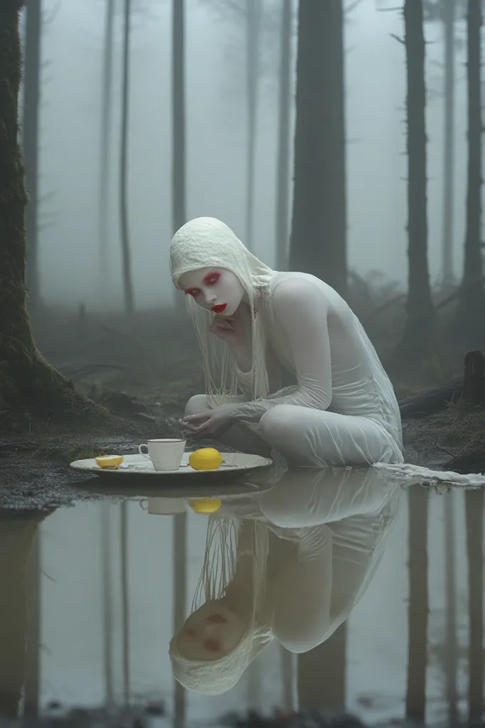A woman in a white dress and hood sits in a puddle in a misty forest. The woman has bright red lipstick and  is looking down at a teacup and lemon on a plate. Her reflection is clear in the water, making the scene look ethereal. The trees and fog create a mysterious and haunting atmosphere.