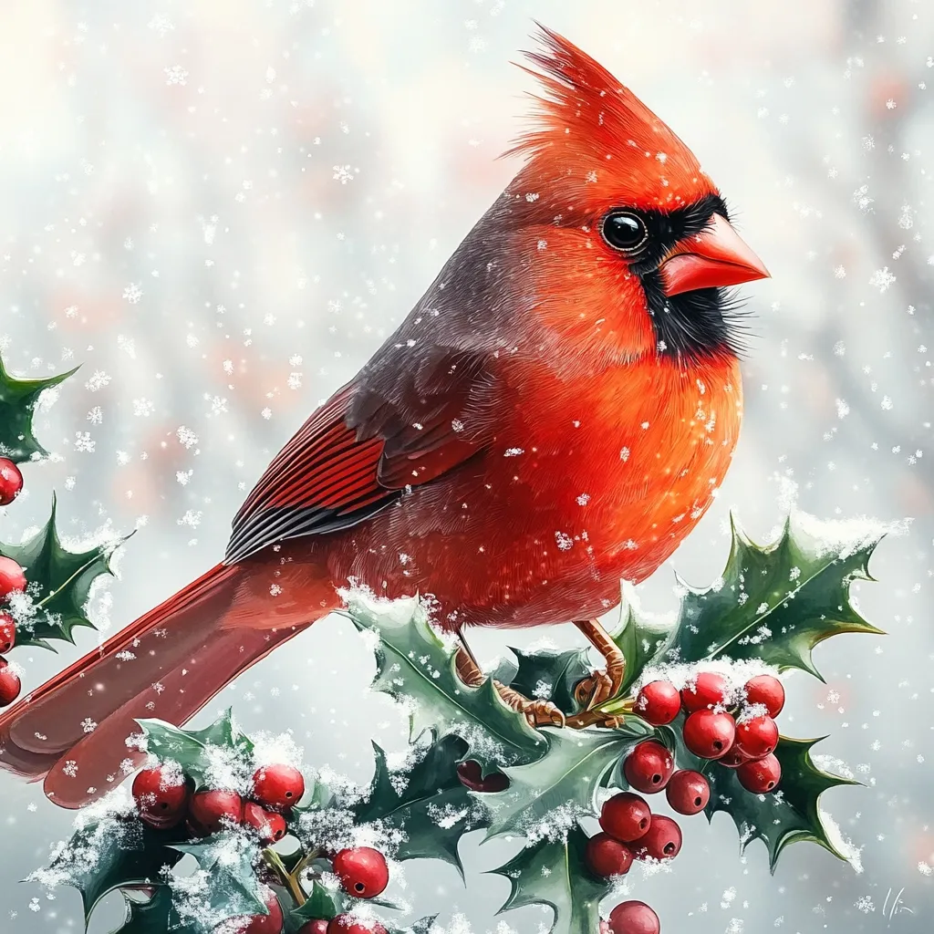 A bright red cardinal perches on a holly branch, its feathers catching the falling snow. The bird's black mask and sharp eyes stand out against its vibrant plumage. The holly leaves are a deep green, and the berries are a rich red, creating a festive contrast against the snowy backdrop. The scene evokes a sense of winter peace and beauty.