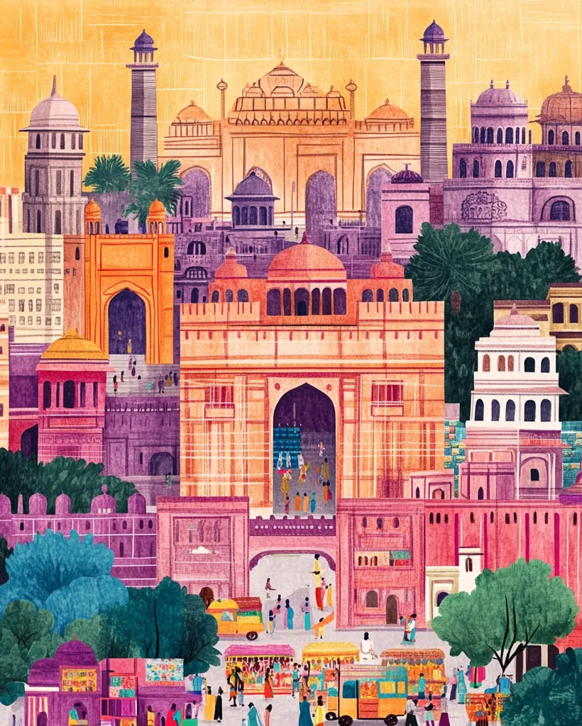 A vibrant and colorful illustration depicting a bustling cityscape in India. Intricate details showcase numerous buildings, from grand palaces to humble shops, all adorned with intricate designs and vibrant hues.  The scene is filled with life, with people moving through the streets, colorful carts selling goods, and lush green trees providing shade. The atmosphere is lively, chaotic, and brimming with the energy of a thriving community.  The warm golden light of the sky creates a sense of warmth and vibrancy.