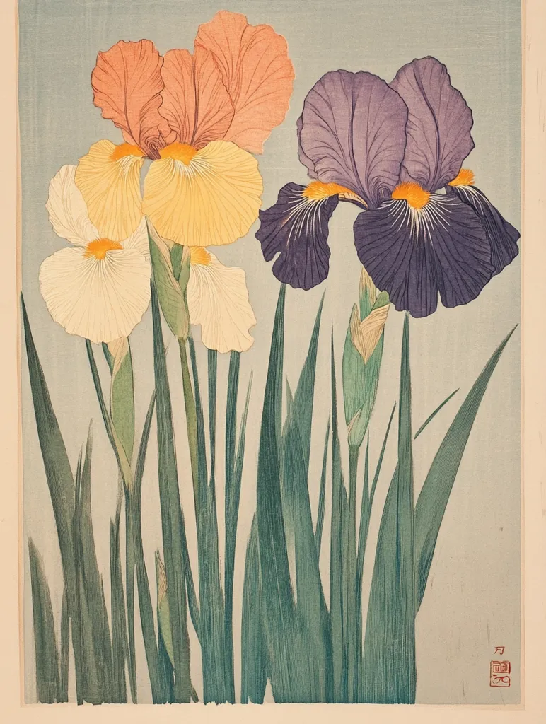 The image is a woodblock print of irises. The irises are in shades of pink, yellow, and purple. The flowers are delicate and the leaves are long and slender. The background is a light blue color. The print is a traditional Japanese art form. It is a beautiful and serene image.  The artist's signature is in the lower right corner.