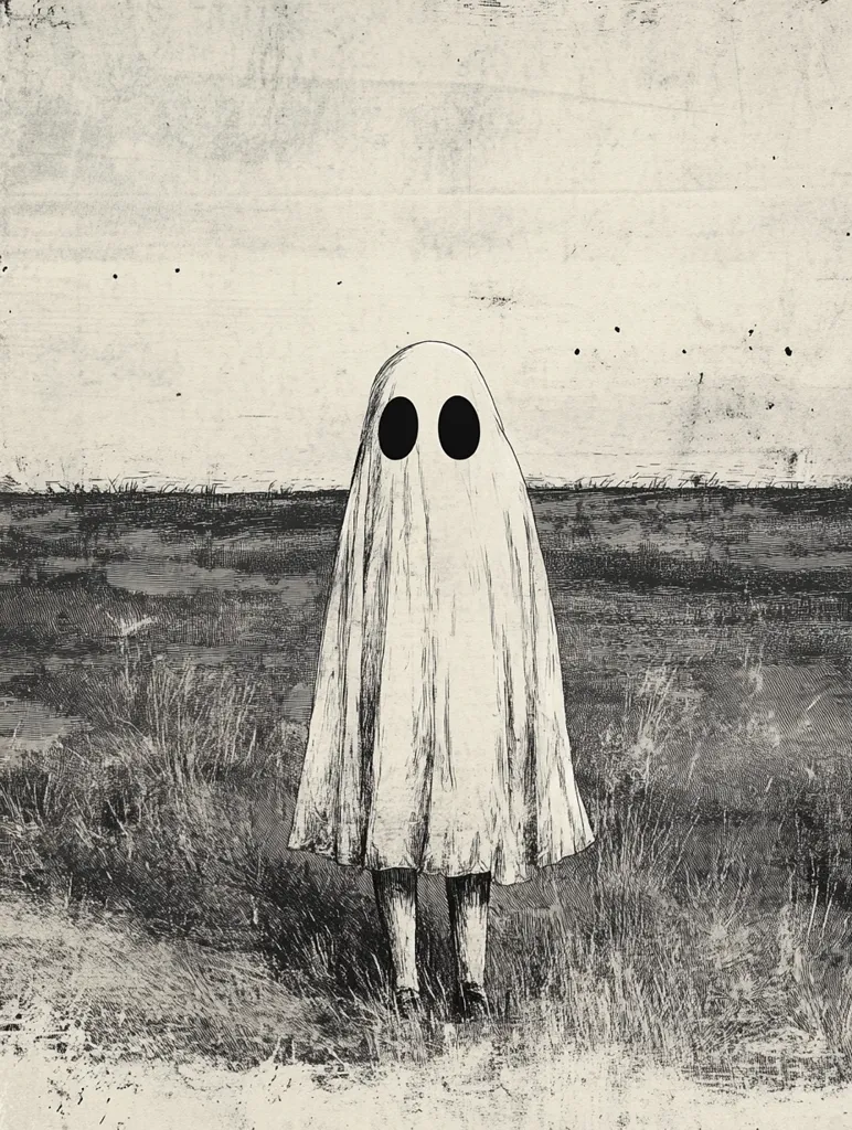 The image is a black and white drawing of a ghost standing in a field. The ghost is drawn in a simple style, with a white sheet-like body and two black eyes. The field is depicted with long, thin lines that suggest grass. The overall impression of the image is one of loneliness and isolation. The drawing's texture suggests a vintage illustration.  The background has a faded appearance, adding to the sense of age and otherworldliness.