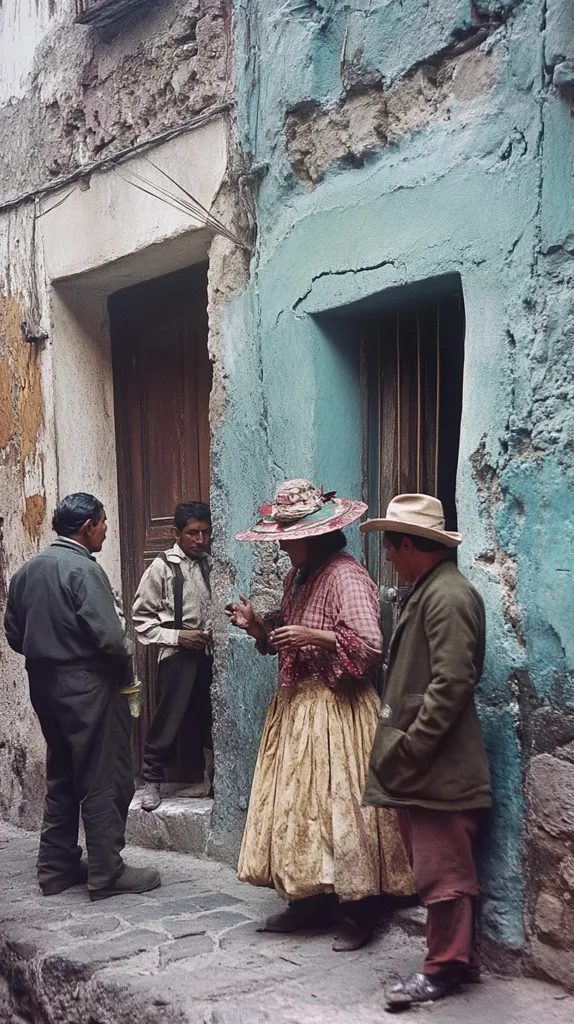 Three people stand in a narrow alleyway in a city. The walls are made of rough stone and painted in shades of blue and gray.  A woman wearing a large hat and a long, colorful skirt stands to the right, her back to the camera. To her left are two men, one wearing a dark coat and the other a light-colored shirt and overalls. The men appear to be in conversation. The scene is one of casual interaction in a city setting.