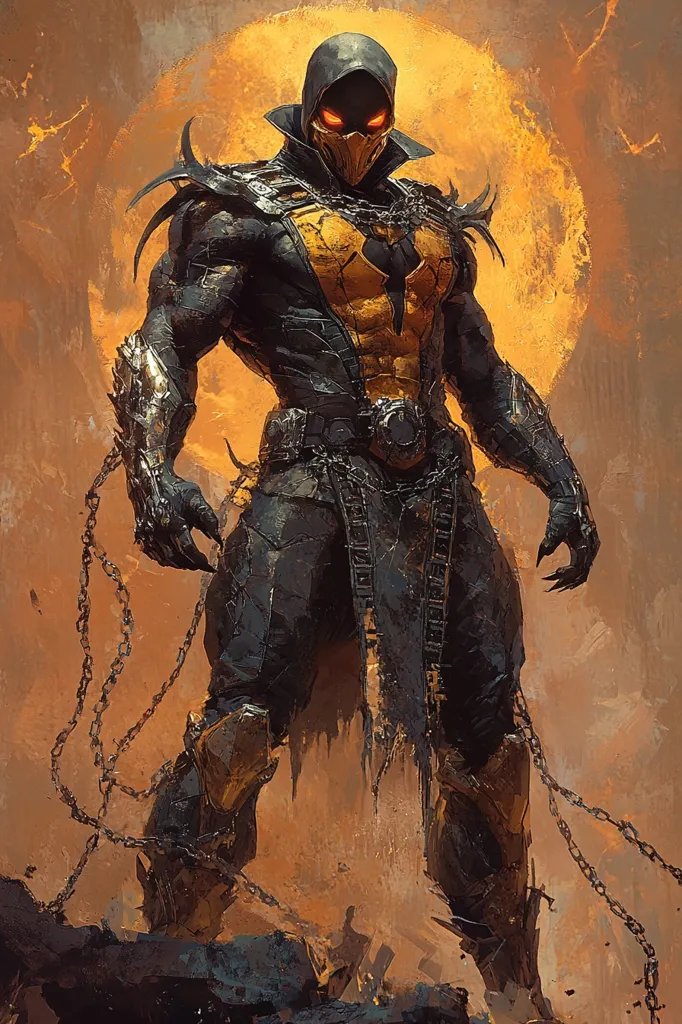 A menacing figure stands against a backdrop of swirling orange smoke. Clad in black armor adorned with gold accents, the figure wears a menacing mask with glowing red eyes. Chains hang from the figure's arms, adding to the ominous atmosphere. The figure's muscular build and aggressive stance suggest power and danger. The overall composition emphasizes the figure's imposing presence.
