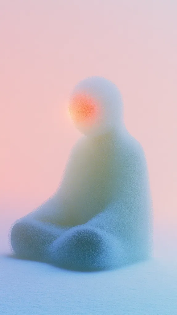 A fuzzy, white figure sits in a meditative pose against a pink and blue gradient background. The figure is vaguely humanoid, with a head and arms that are barely visible. The image has a soft, dreamy quality, creating a sense of peace and tranquility. The overall composition is simple yet effective, with the figure serving as the focal point and the background providing a calming backdrop.