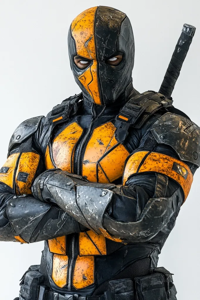 The image shows a person in a full-body, black and orange costume with a dark, mask-like helmet.  The suit has intricate details and appears to be made of leather and metal. The costume has a worn look, like it has been in many battles.  They are standing with their arms crossed in a serious pose. They appear to be a superhero or villain with a sword strapped to their back.