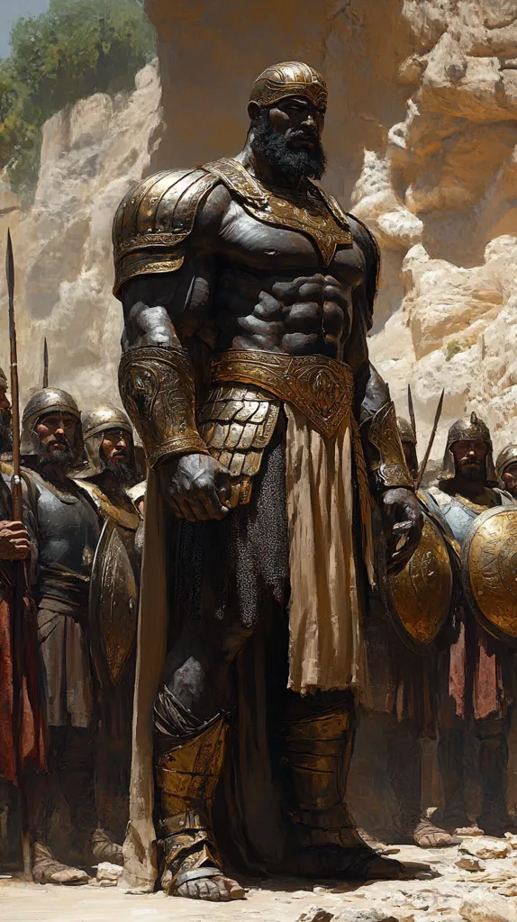 A large, muscular, dark-skinned warrior wearing golden armor and a white skirt stands in front of a group of soldiers. He appears to be a leader, as he towers over his men and has a stern expression on his face. The soldiers behind him are also clad in armor, and they carry swords and shields. The scene is set against a backdrop of rocky cliffs, suggesting that they are in a desert or mountainous region. The overall tone of the image is one of power and authority.