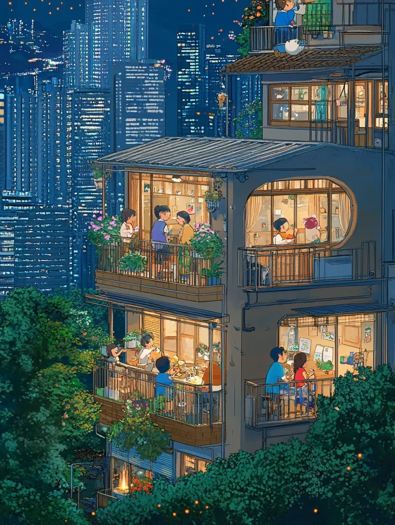The image depicts a multi-story building in a bustling city. People are gathered on balconies, enjoying the evening. There are twinkling lights in the sky and greenery on the balconies, creating a warm and inviting atmosphere. The building is surrounded by other tall structures, highlighting the urban setting.  The scene portrays a sense of community and togetherness in the midst of the city's energy.