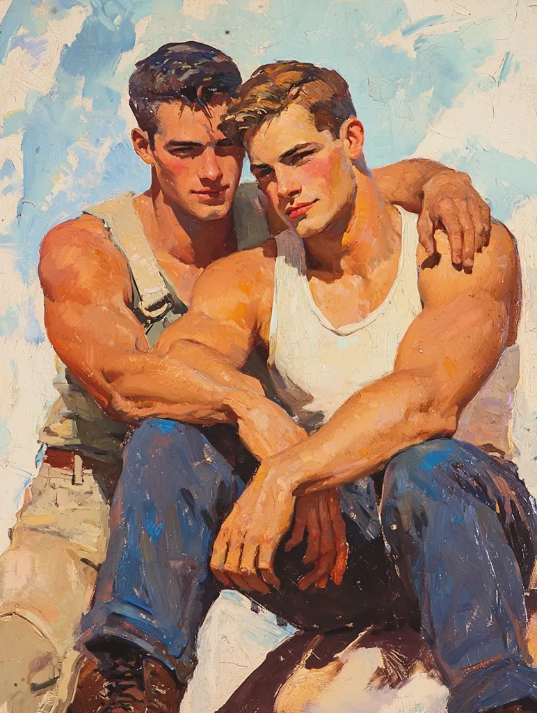 The painting depicts two muscular men sitting closely together. One man, with dark hair, wears a white tank top and jeans, while the other man, with lighter hair, wears a light brown shirt with straps. The man in the tank top has his arm around the other man's shoulder, and their hands are intertwined. The background is a soft, blue and white sky. The painting portrays an intimate moment between two men, emphasizing their physical connection and closeness. The painting is done in a realistic style, with the use of brushstrokes creating a textured and lively effect.