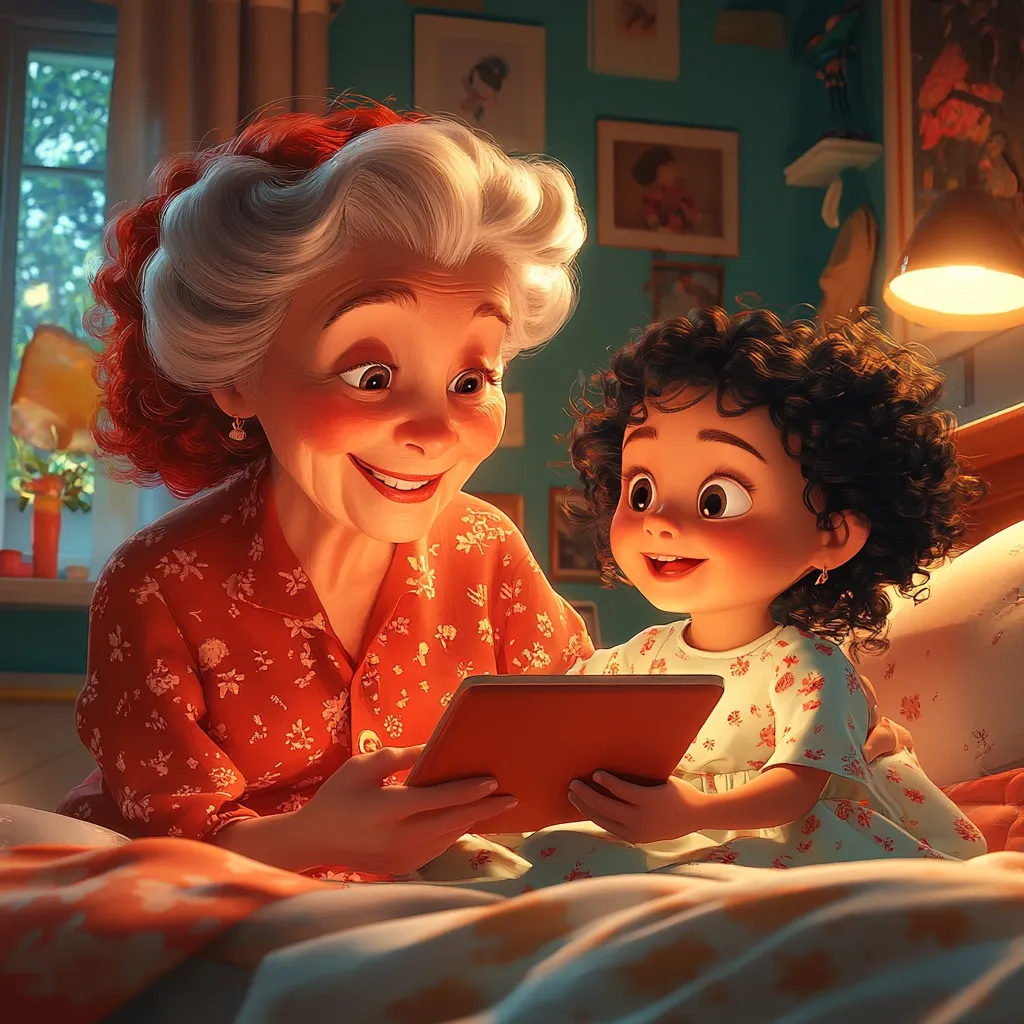 A grandmother with white hair and a red floral shirt is sitting next to her granddaughter. They are both looking at a tablet. The granddaughter is wearing a light blue and white floral nightgown. The grandmother has a big smile on her face, and the granddaughter is looking at the tablet with excitement. The room is dimly lit, with a warm glow emanating from the tablet screen. The scene is full of love and tenderness.