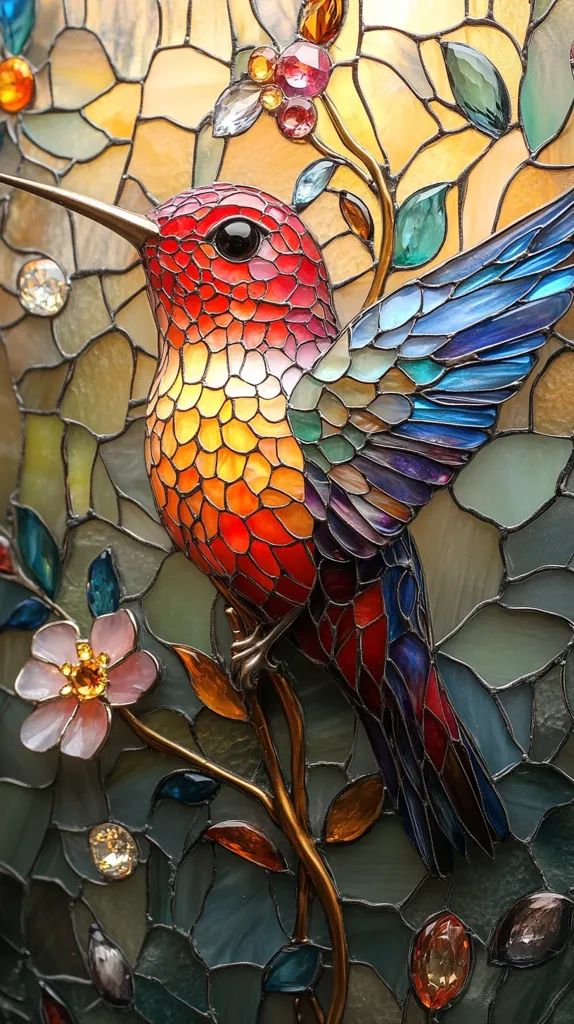 A stained glass hummingbird with iridescent wings sits perched on a branch with pink flowers. The background is a mosaic of various colors, with green, blue, and yellow hues dominating. The hummingbird's body is red and orange, with a detailed design of small glass pieces forming its feathers. The stained glass artwork is a beautiful and intricate representation of nature.