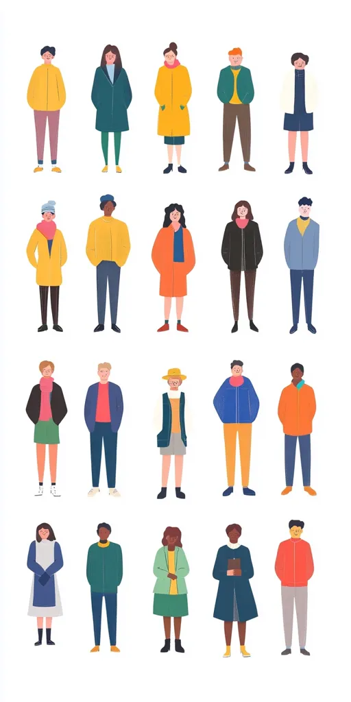 The image depicts 20 cartoon characters, all standing in a row on a white background. Each character is dressed in different winter attire, including coats, jackets, scarves, and hats. The characters are diverse in terms of their gender, skin tones, and hair styles. They all appear to be smiling and looking at the viewer. The overall style of the image is cheerful and playful.