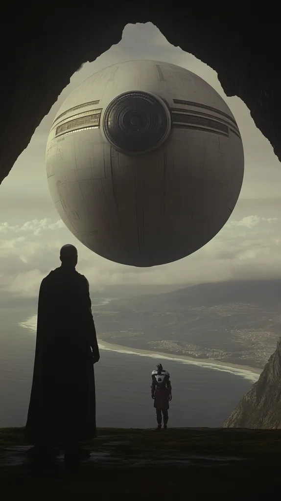 Two figures stand silhouetted against a vast, cloudy landscape. A large, spherical object with a single, circular window hangs in the sky above them. The figures stand on a cliff overlooking a body of water that stretches towards the horizon. The scene is reminiscent of a science fiction film, with a mysterious atmosphere and a sense of impending action.