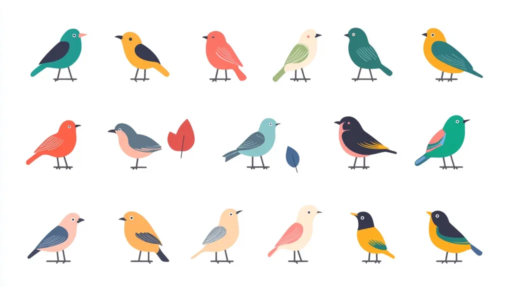 The image depicts eighteen different birds, each with unique color combinations. The birds are arranged in three rows of six, and they are all facing forward. They are all drawn in a simple, flat style with no shading. The birds are all different sizes and have varying beak shapes and tail lengths. The background is white, and the birds are the only elements in the image.