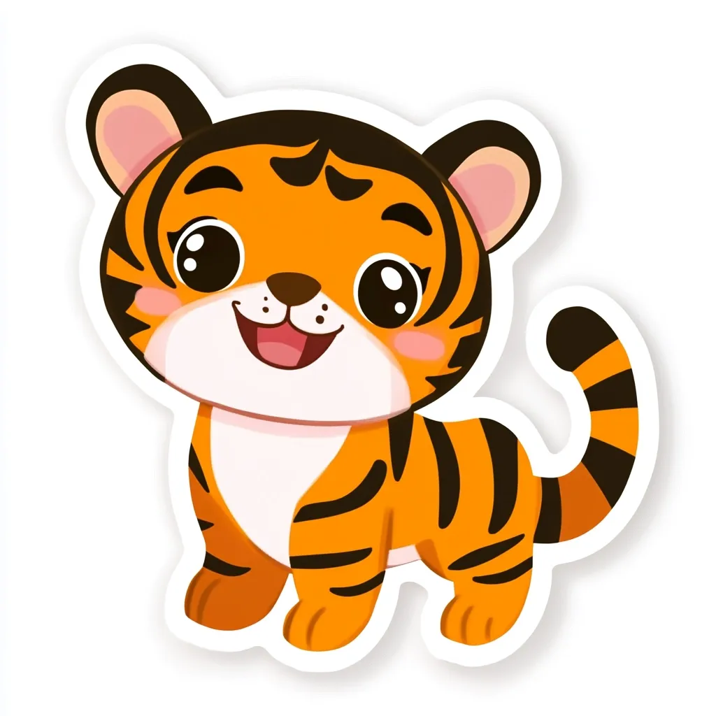 The image is a cartoon illustration of a cute, smiling tiger. It has big, round eyes, a pink nose, and a fluffy tail. The tiger is orange and black with white stripes, and it is standing on a white background. The illustration is drawn in a simple, childlike style.