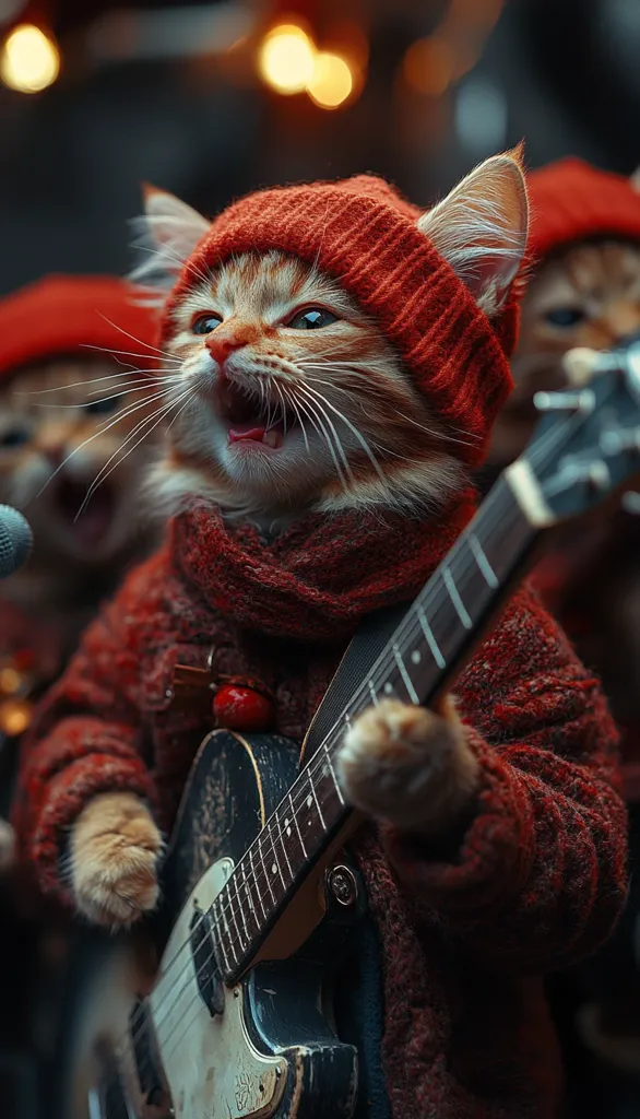 A ginger cat wearing a red beanie and a red sweater is playing a guitar while singing with its mouth open. The cat has a serious expression and is focused on its music. The guitar is black with a white pickguard and has a worn, vintage look. There is another cat in the background, also wearing a red beanie and a red sweater. The scene is lit by warm, blurry lights.  This image is a humorous take on the classic rockstar image, with a cute twist.