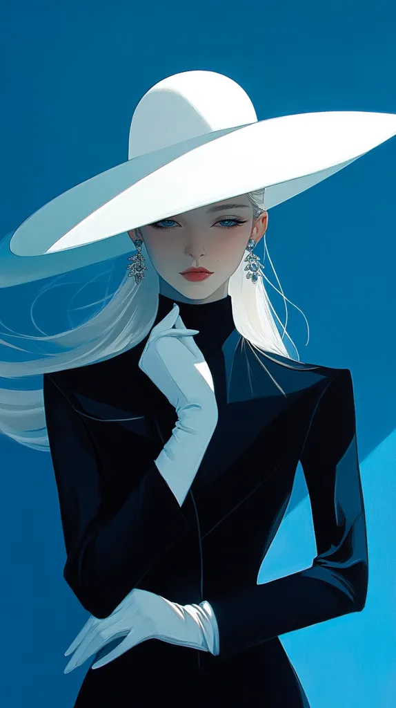 A woman with long, flowing white hair wears a large white hat and a black dress. She has on white gloves and sparkling earrings. Her eyes are wide and her lips are red, suggesting a confident and stylish look. The blue background emphasizes her sharp features and creates a striking contrast.