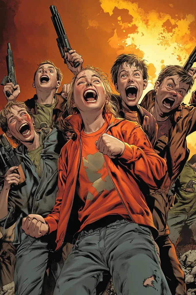 A group of four young people, three boys and a girl, are standing together, all looking excited and holding guns. The girl is wearing a red jacket and is the central focus of the image. They are all yelling with their mouths open. The background is blurry and has a yellow-orange glow, suggesting a setting of chaos and potential danger.  The overall tone of the image is one of intense energy and youthful defiance.