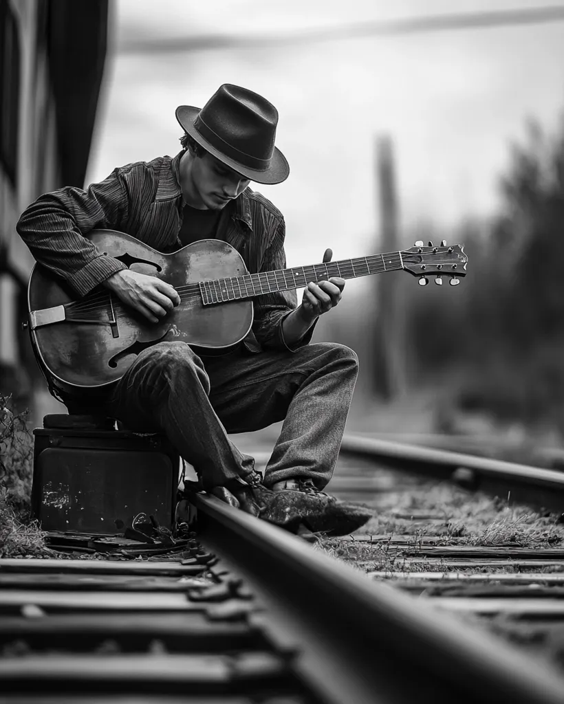 A man in a hat sits on a railroad track, playing a guitar. He is in a relaxed pose, leaning slightly to his right. The image is in black and white, and the man's face is partially obscured by his hat. The guitar is positioned across his lap, and his fingers are lightly placed on the strings. The photo has a moody, atmospheric feel, with the focus on the man and his guitar.  The railroad track and the surrounding foliage are blurred out, creating a sense of depth.
