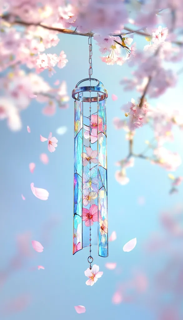 A delicate wind chime hangs from a branch of a blossoming cherry tree. The chime is made of clear glass panels with pressed pink cherry blossoms encased inside. The light shines through the glass, making the flowers glow with a soft, ethereal light. Pink petals fall from the tree, creating a whimsical and romantic atmosphere. The background is a soft blue sky, creating a sense of serenity and peace.