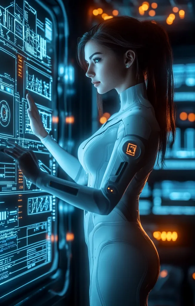 A woman in a white futuristic suit stands in front of a large screen displaying data and code.  Her left hand is raised as if interacting with the screen, while her right hand rests on her hip.  The screen glows blue, reflecting in her eyes and illuminating her figure.  The background features a blurred view of an advanced technological space with orange lights.  She appears focused and determined as she explores the digital world.