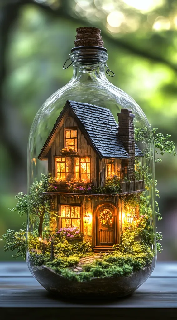 A miniature house sits inside a glass bottle, complete with a miniature garden and trees. The house has a warm glow coming from its windows and a small porch light. The scene is a charming example of miniature art, showcasing intricate details and a whimsical concept. The bottle rests on a wooden surface, blurred greenery suggesting an outdoor setting.